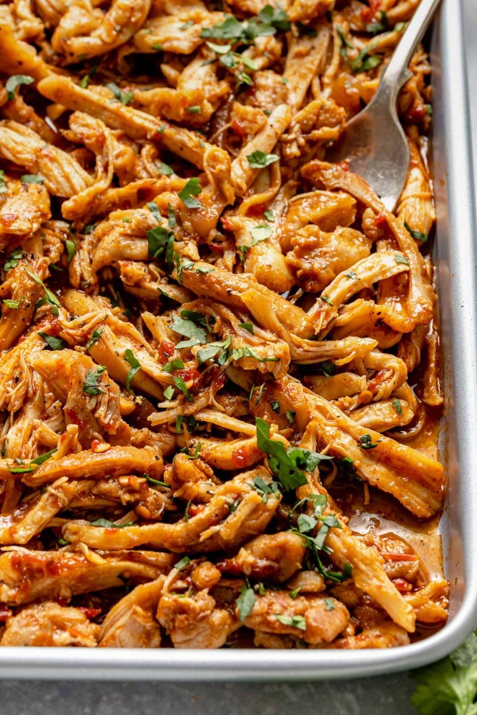 A silver fork scoops up shredded chipotle honey chicken on a small silver baking sheet a top a light blue textured surface. The shredded chicken is garnished with fresh chopped cilantro.