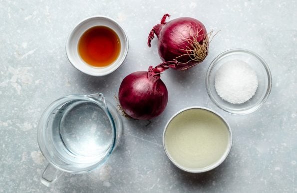 Quick pickled red onion ingredients arranged on a light blue surface in individual bowls & dishes: two red onions, maple syrup, rice vinegar, warm water, and kosher salt.