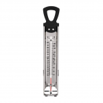A candy thermometer that can also be used for deep frying on a white background.
