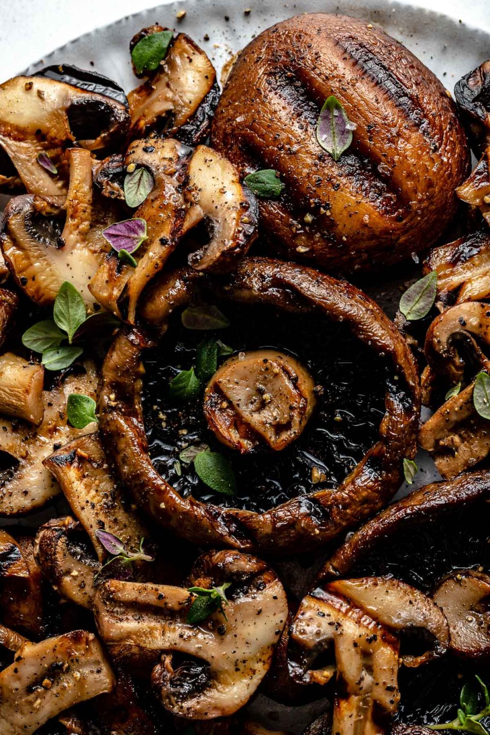 Close up of grilled mushrooms with char marks arranged on a white ceramic plate. The grilled mushrooms are garnished with kosher salt, ground black pepper, & fresh herbs.