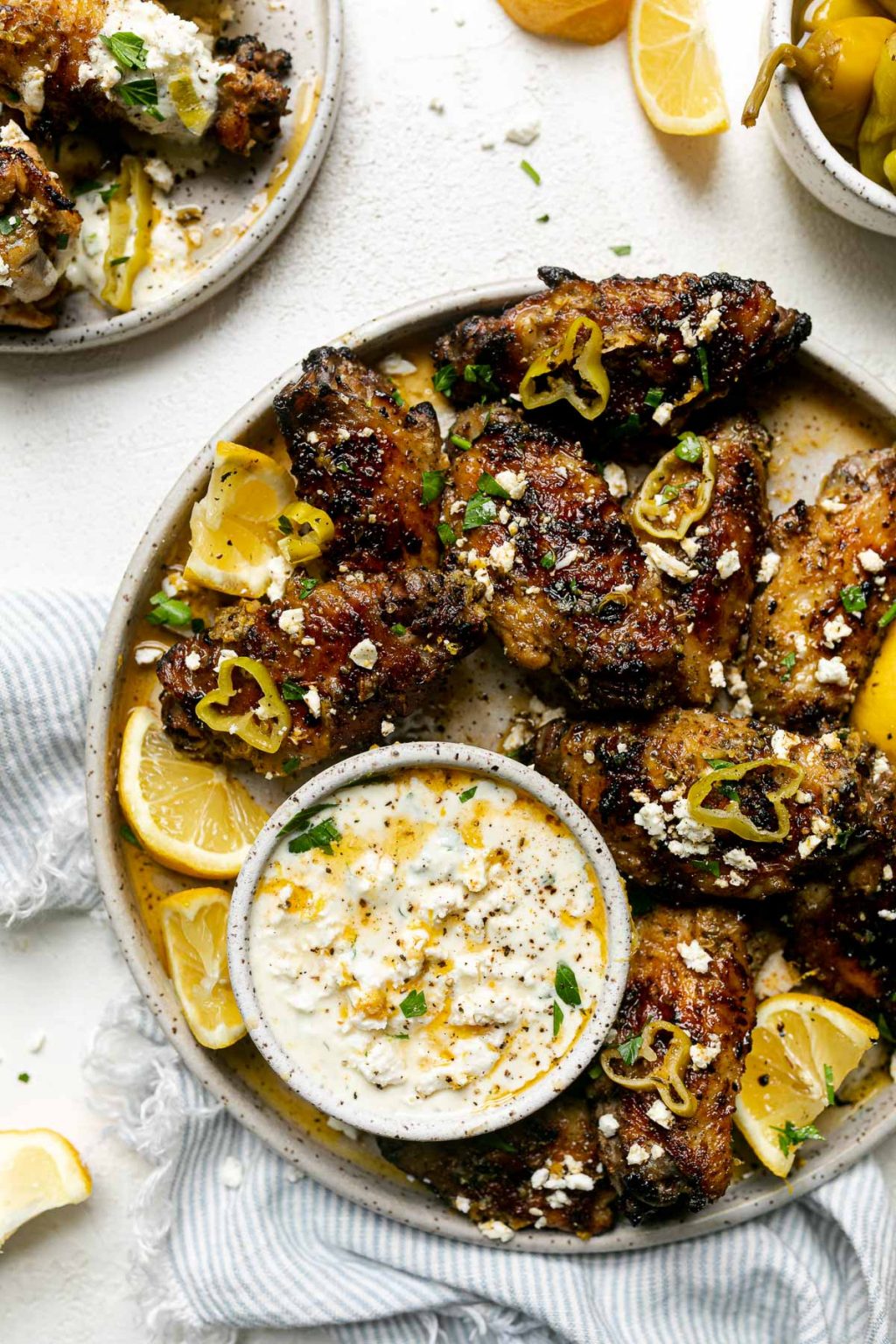 Lemony Grilled Greek Chicken Wings with Whipped Feta Dip PWWB