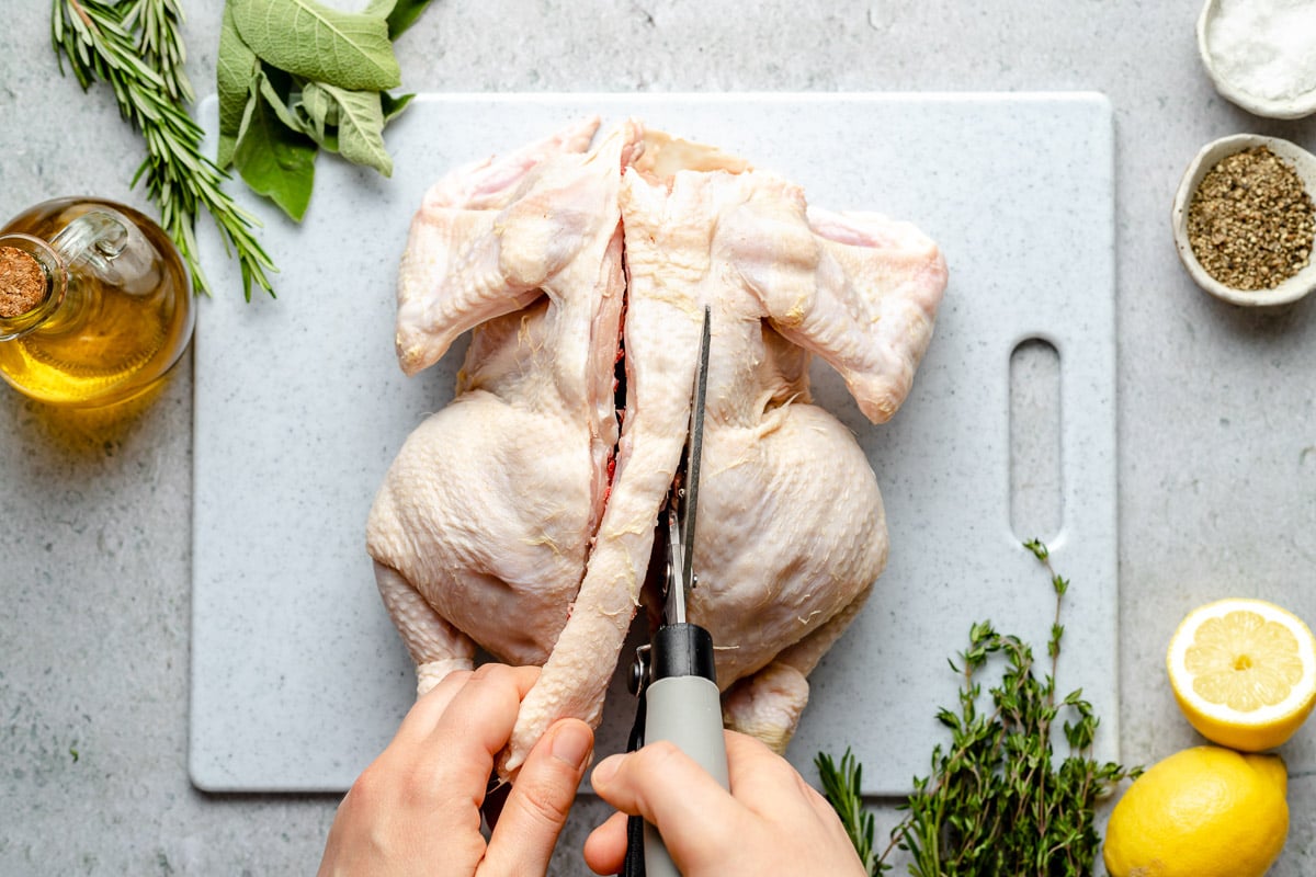 How to Spatchcock a chicken, step 2: A woman's hands hold a pair of sharp kitchen shears in one hand and grip a raw whole chicken's backbone with the other. They use the kitchen shears to carefully snip alongside the chicken's backbone to remove it completely. The chicken rests a top a plastic cutting board. Lemon, fresh herbs, two pinch bowls filled with kosher salt and ground black pepper, and a bottle of olive oil surround the raw whole chicken atop a blue gray textured surface.