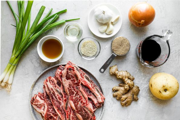 Grilled Kalbi ingredients arranged on a cement surface – green onions, sesame oil, rice vinegar, sesame seeds, garlic, brown sugar, onion, soy sauce, ginger, pear, & flanken-style beef short ribs.
