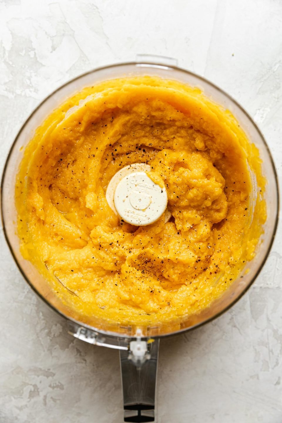 Roasted Garlic whipped Butternut Squash in a food processor bowl. The food processor bowl sits on top of a creamy cement surface.