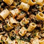 A close up of Creamy Marsala Pasta with Italian Sausage and Mushrooms.
