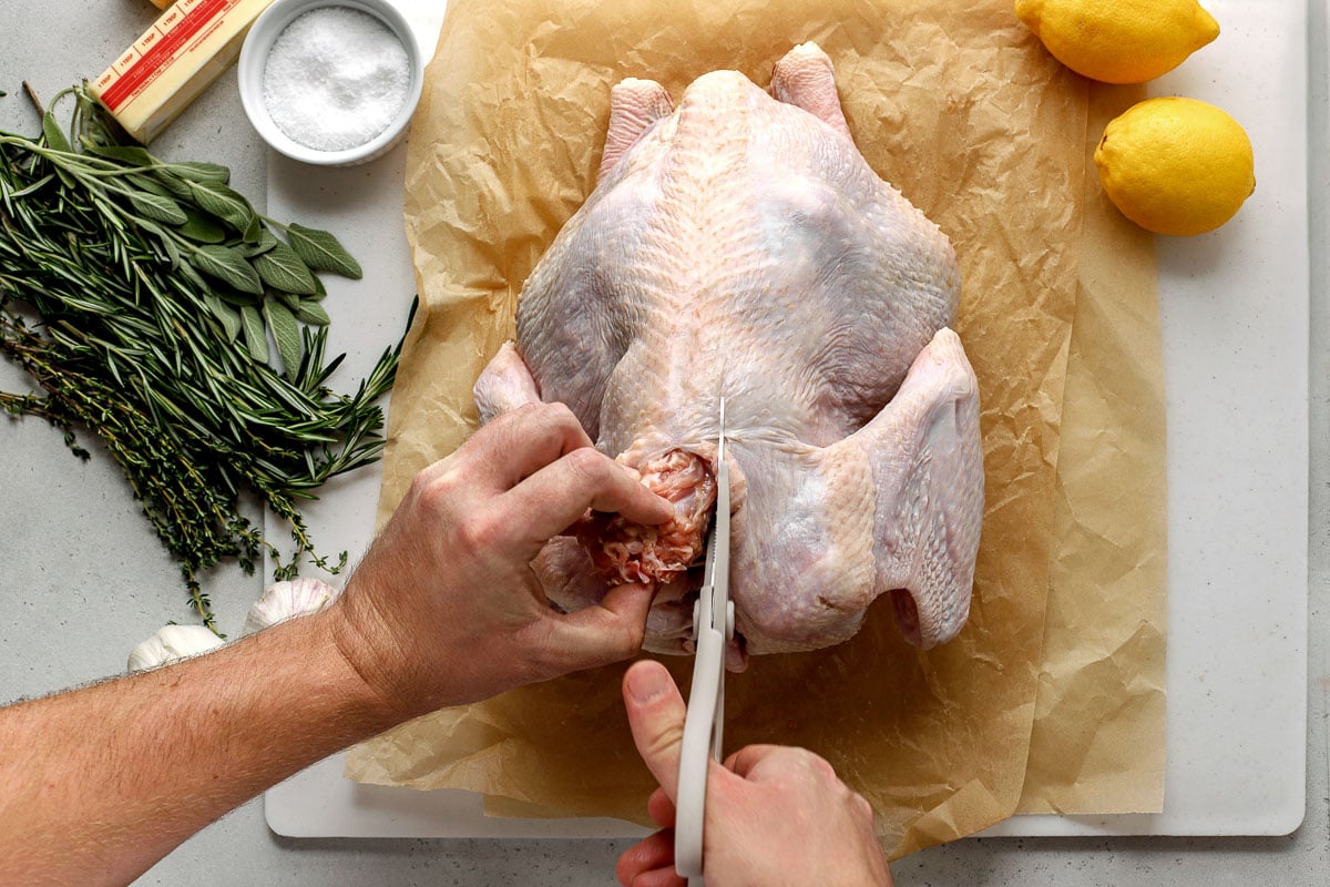 How to Spatchcock a Turkey, step 2: A man's hands hold a pair of sharp kitchen shears in one hand and grip a raw whole turkey's backbone with the other. He uses the kitchen shears to carefully snip alongside the turkey's backbone to remove it completely. The turkey rests a top two sheets of brown crumpled parchment paper that sit atop a white cutting board. Two lemons, a white ramekin filled with kosher salt, and fresh herbs surround the raw whole turkey.