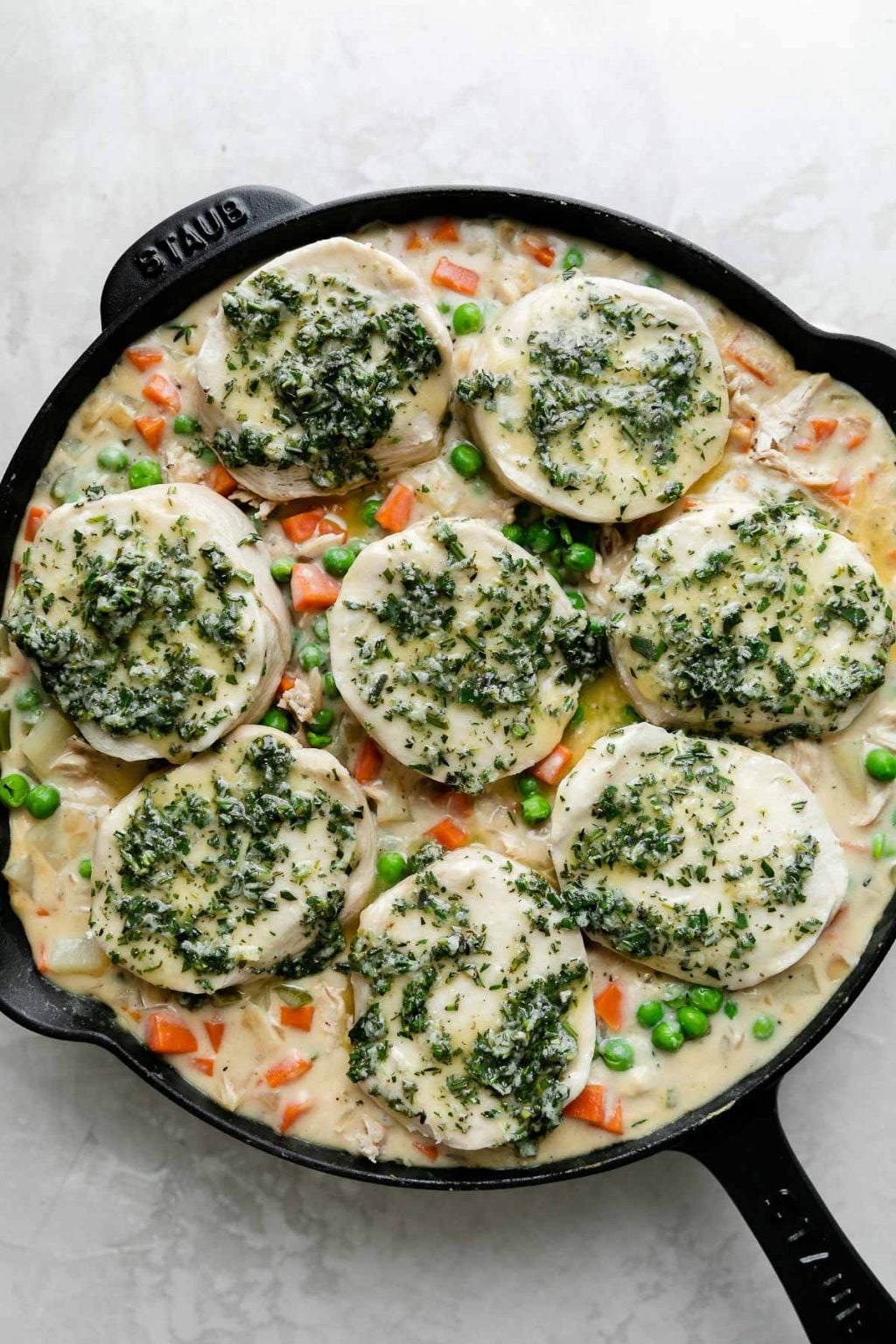 Easiest Skillet Chicken Pot Pie with Herb Butter Biscuits PWWB