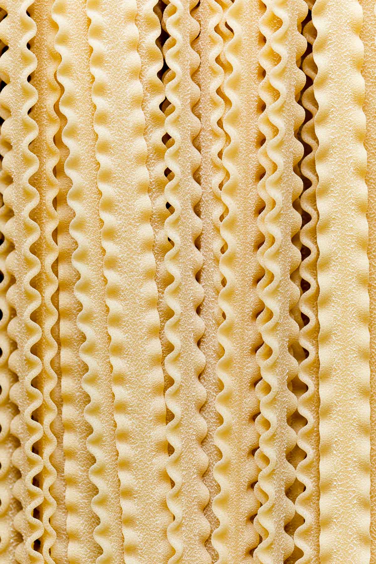 A close up shot of dried mafaldine pasta used to make mushroom ragu pasta.