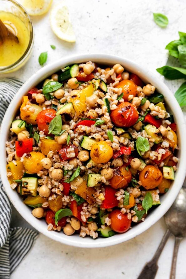 Summer Farro Salad with Grilled Vegetables & Burst Tomatoes | PWWB