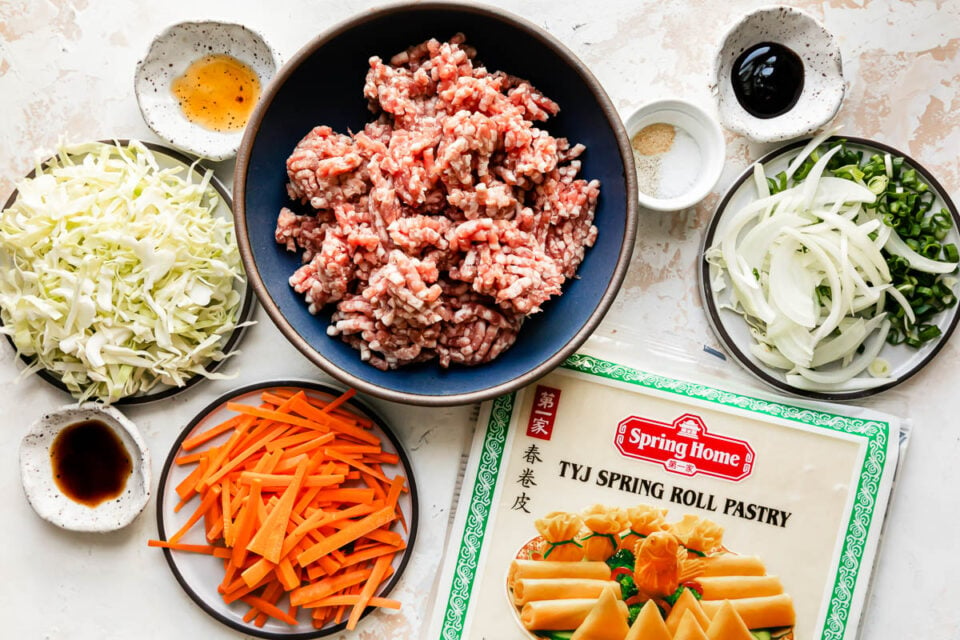 Pork egg rolls ingredients arranged on a creamy white textured surface: ground pork, sesame oil, oyster sauce, soy sauce, kosher salt, white pepper, garlic powder, green cabbage, carrot, yellow onion, green onions, and egg roll wrappers.