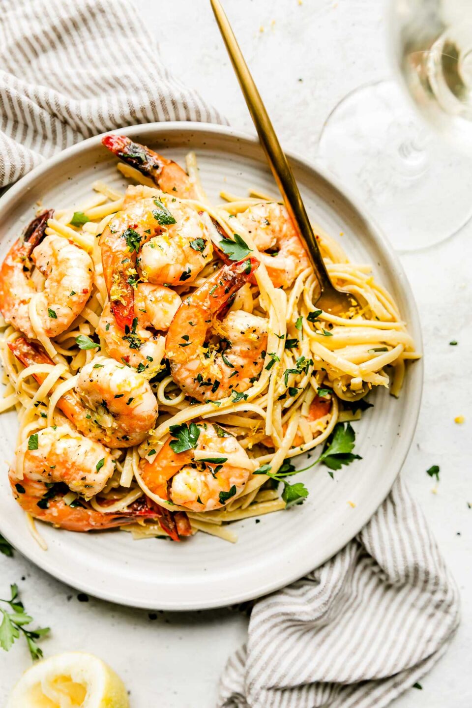 Easy Shrimp Scampi Linguine Recipe with Garlic, Lemon + White Wine