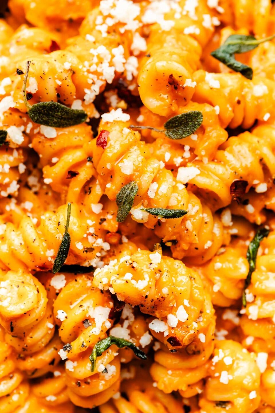 A close-up macro shot of pumpkin pasta topped with small sage leaves and grated parmesan.