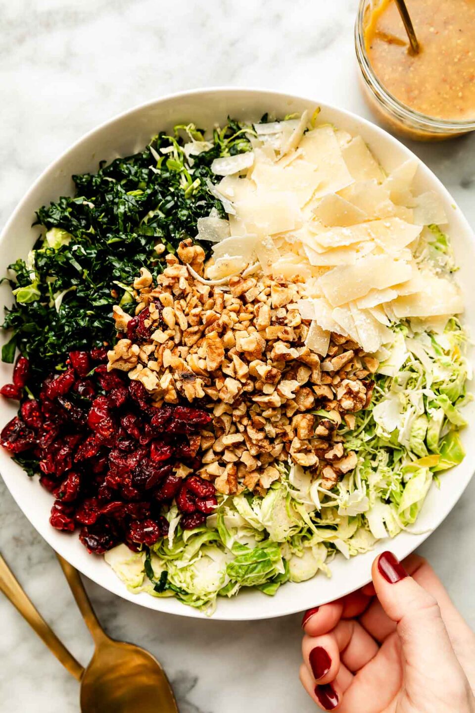 An overhead shot of a woman's hand holding the edge of a large white salad bowl full of shaved brussels sprouts, kale, parmesan, walnuts and cranberries atop a white marbled surface. A jar of dressing sits next to the bowl.