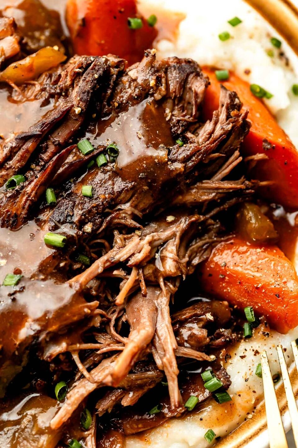 A close-up macro shot of braised beef topped with braising liquid on a bed of mashed potatoes and vegetables.