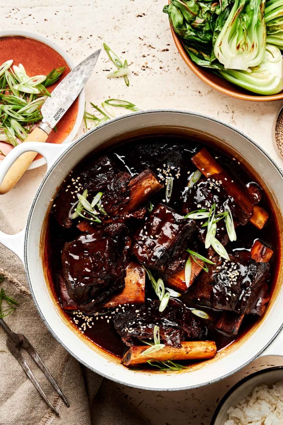 An overhead shot of soy-braised short ribs in a thickened braising liquid in a white pot atop a beige surface. A plate of sliced green onions, a bowl of bok choy and a bowl of rice sit alongside the pot.
