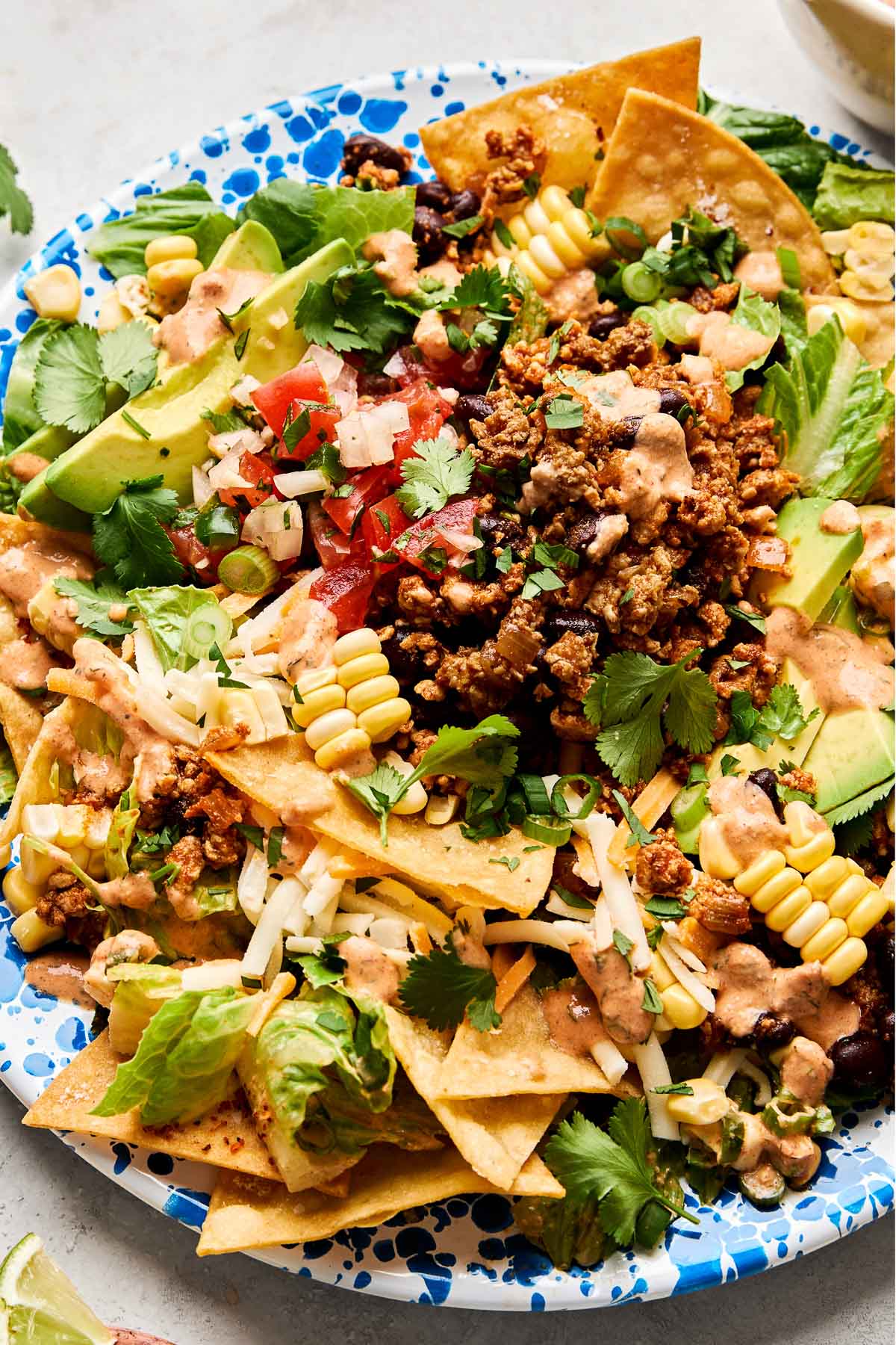 A close-up overhead shot of a ground chicken taco salad on a blue and white patterned plate atop a white marbled surface.