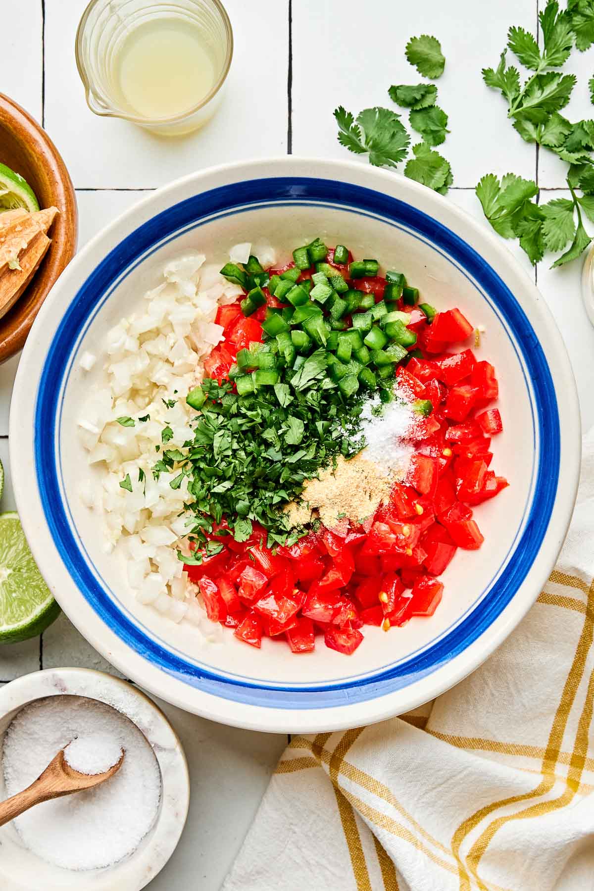 An overhead shot of diced tomatoes, onions, jalapeno, cilantro, garlic powder and salt in a white bowl with a blue rim. The bowl sits on a white tiled surface alongside a white and yellow plaid cloth napkin, halved and juiced limes, cilantro, and a jar of garlic powder.