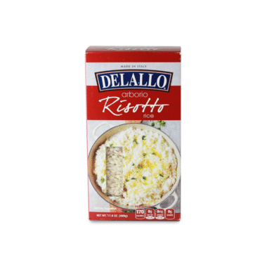 A box of DeLallo Arborio Risotto Rice with a red and white design, featuring an image of cooked risotto on the front and a small window showing the rice inside the box.
