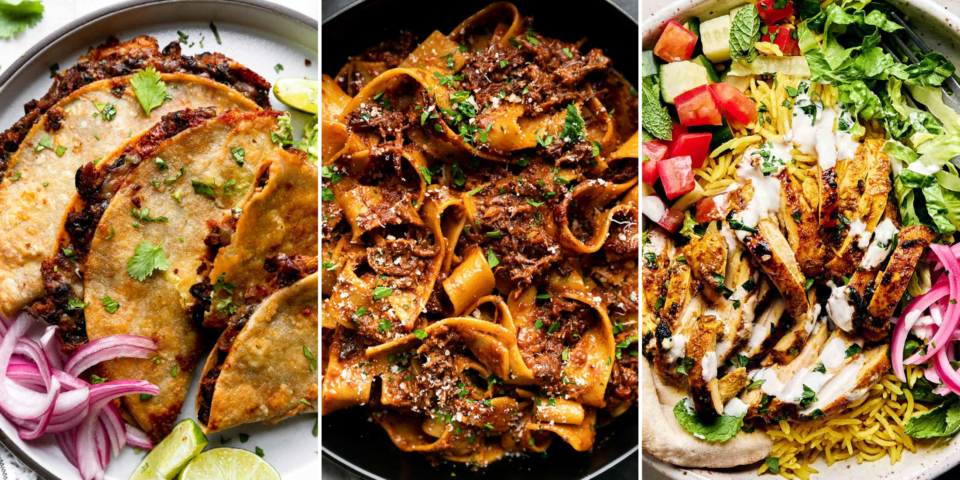 A three-panel image featuring birria tacos with onions and lime, pappardelle pasta with beef ragu, and a chicken shawarma bowl with rice, salad, pickled onions, and white sauce.