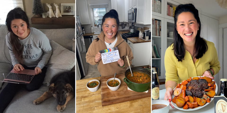 A woman relaxes with a laptop and dog on a couch, cooks and serves stew in a kitchen, and smiles holding a platter of roasted meat and vegetables at a table with Guinness beer.