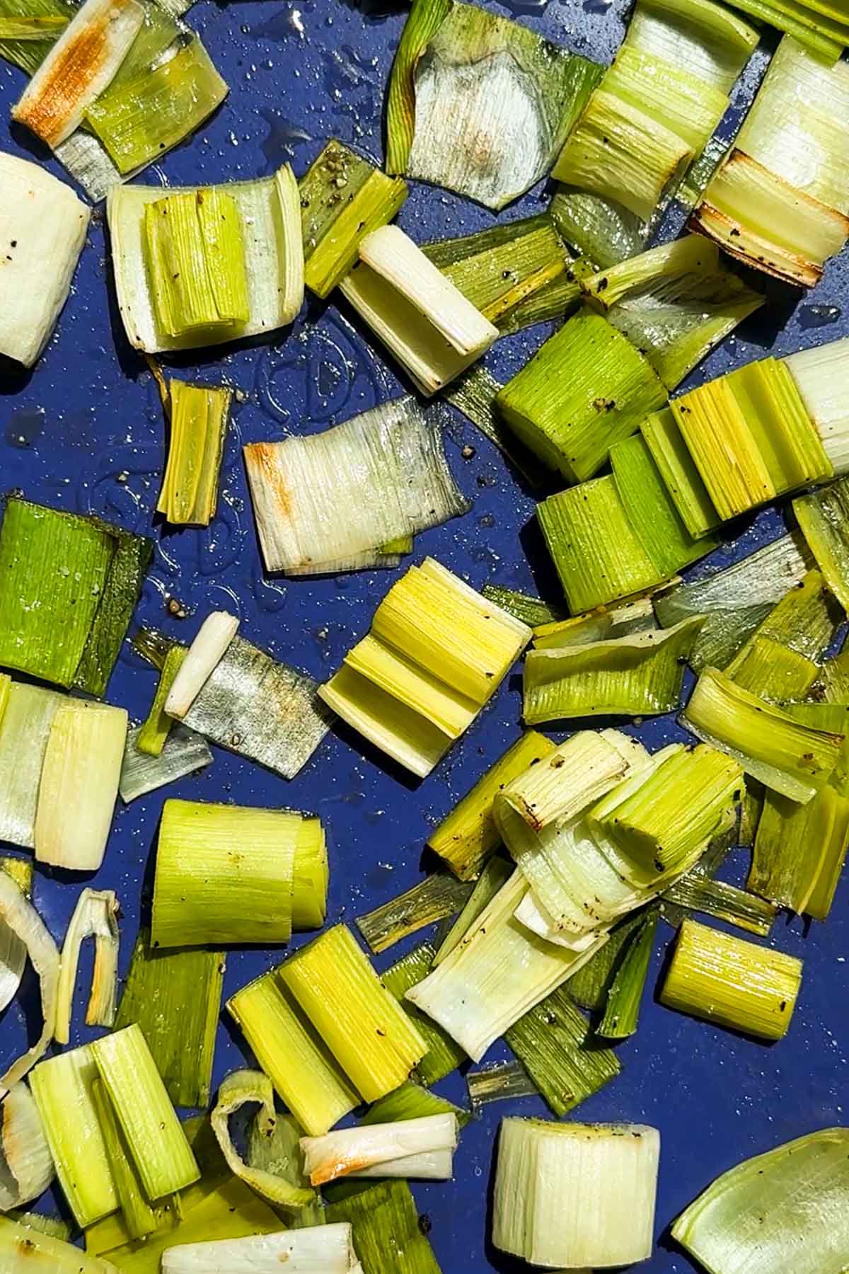 Chopped pieces of leek scattered on a dark blue surface, with shades of light green and white visible on the vegetable segments.