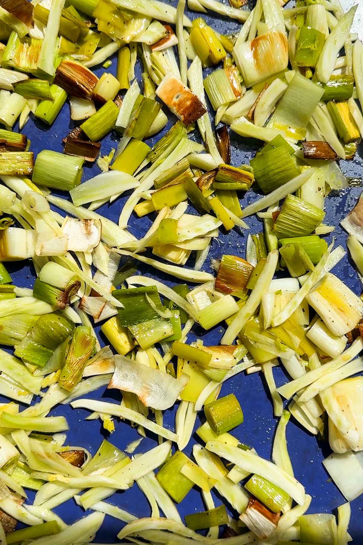 Chopped leeks and fennel, some pieces browned, spread out on a blue baking tray, appearing to be roasted or baked.