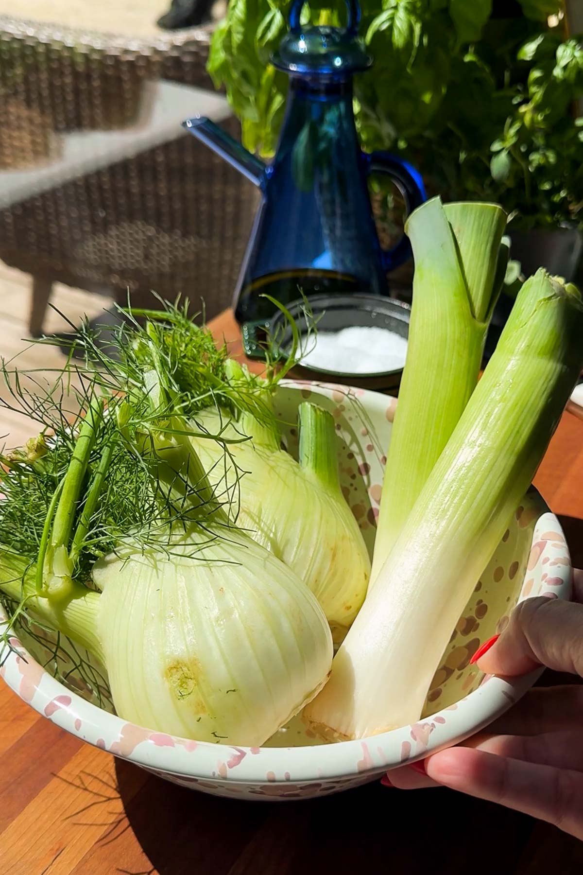 A hand holds a colander filled with fresh fennel bulbs and leeks on a sunny wooden table. In the background are a blue glass oil bottle, a bowl of salt, green basil, and wicker furniture.